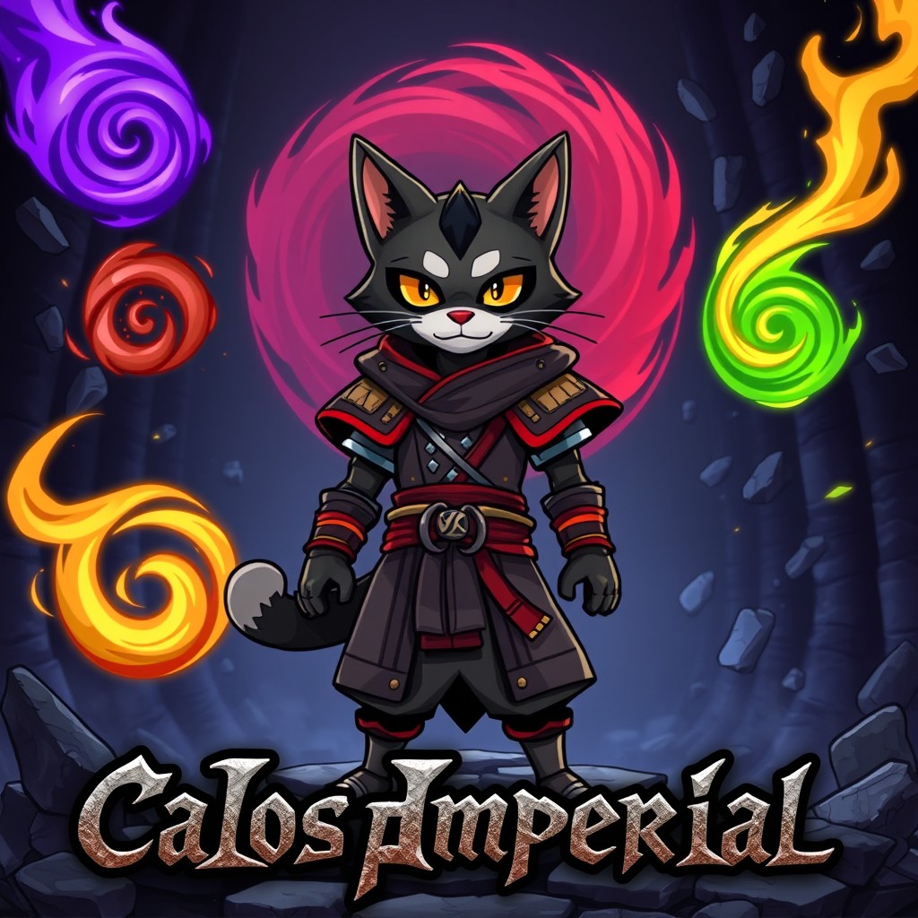 A video game cover in an animated cartoon style featuring a mysterious feline warrior dressed in samurai clothing