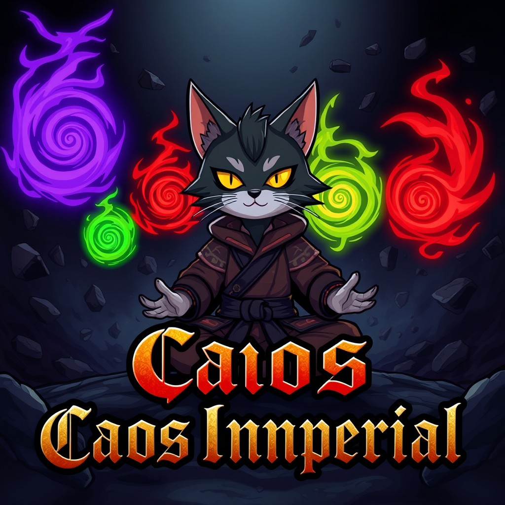 A dark animated cartoon style video game cover featuring a mysterious feline warrior dressed in samurai clothing, meditating in the center