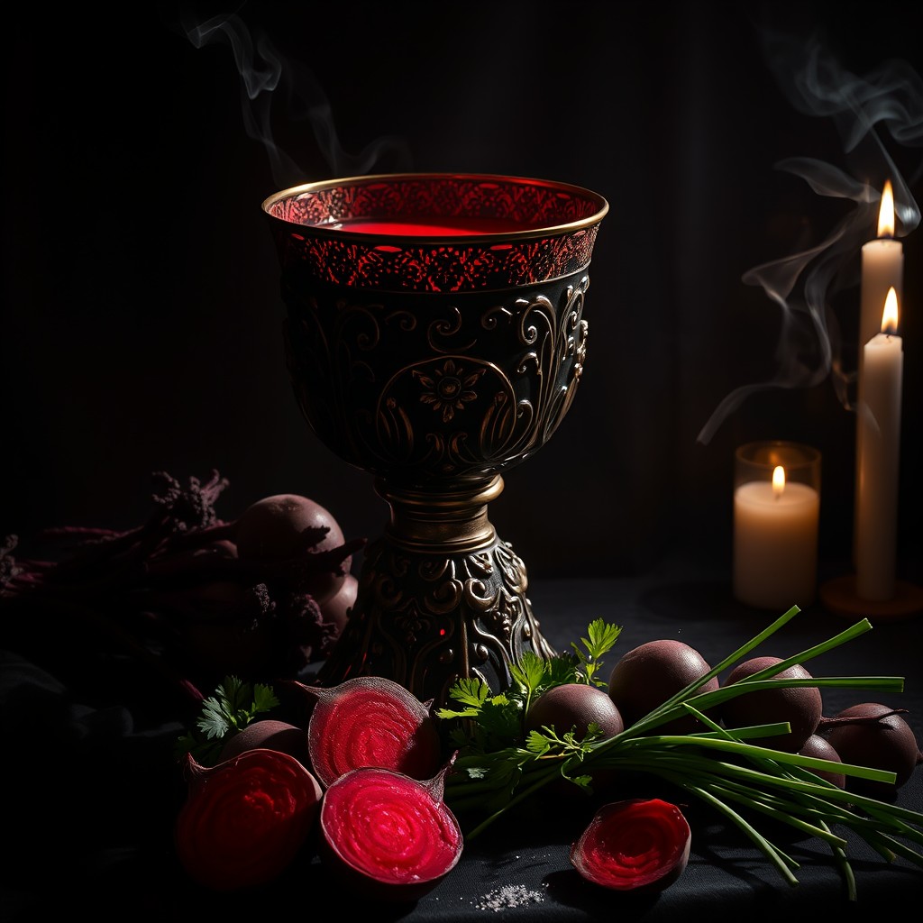 A gothic dark fantasy scene featuring a massive ornate chalice filled with cold beet soup (chłodnik), glowing like a bloody potion