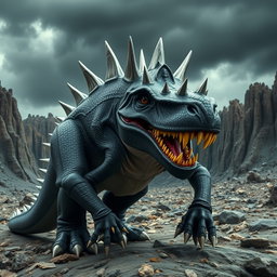 A menacing black dinosaur with striking silver spikes running along its back, giving it a fierce and rugged appearance