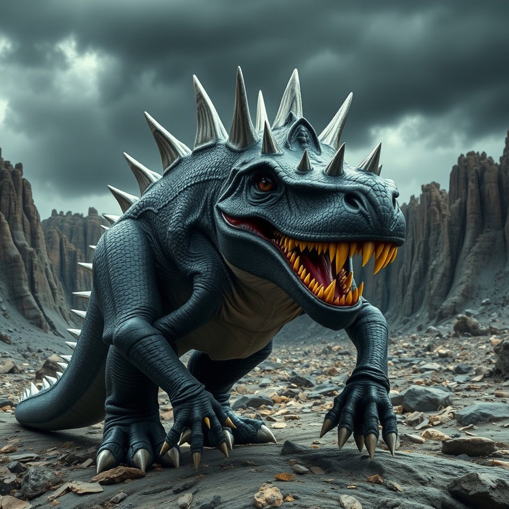 A menacing black dinosaur with striking silver spikes running along its back, giving it a fierce and rugged appearance