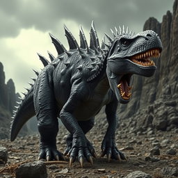 A menacing black dinosaur with striking silver spikes running along its back, giving it a fierce and rugged appearance