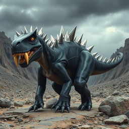 A menacing black dinosaur with striking silver spikes running along its back, giving it a fierce and rugged appearance