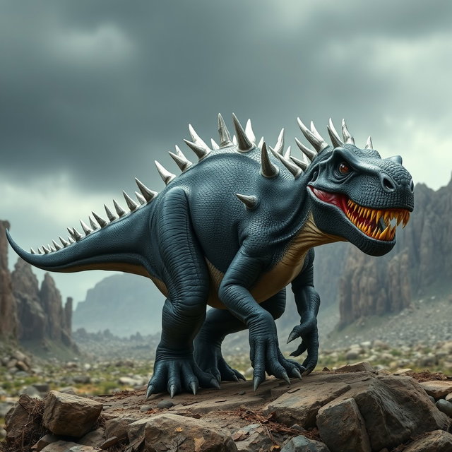 A menacing black dinosaur with striking silver spikes running along its back, giving it a fierce and rugged appearance