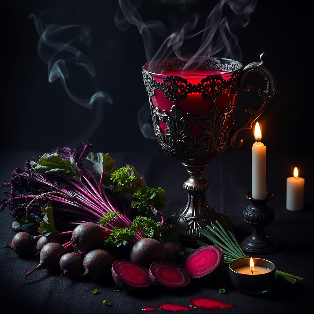 A gothic dark fantasy scene featuring a massive ornate chalice filled with cold beet soup (chłodnik), glowing ominously like a bloody potion