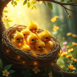 A heartwarming scene depicting multiple golden baby phoenixes nestled together in a cozy, intricately woven nest made of twigs and soft, glowing materials