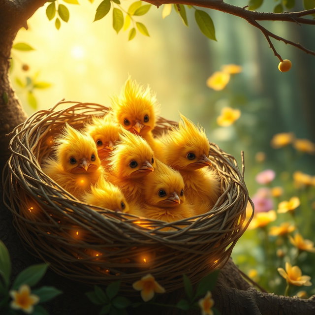 A heartwarming scene depicting multiple golden baby phoenixes nestled together in a cozy, intricately woven nest made of twigs and soft, glowing materials