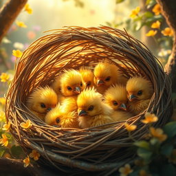 A heartwarming scene depicting multiple golden baby phoenixes nestled together in a cozy, intricately woven nest made of twigs and soft, glowing materials