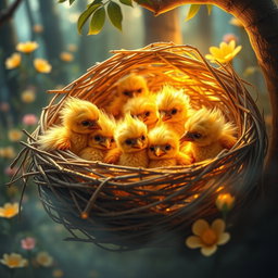 A heartwarming scene depicting multiple golden baby phoenixes nestled together in a cozy, intricately woven nest made of twigs and soft, glowing materials