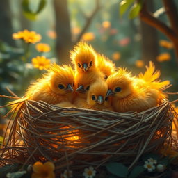 A heartwarming scene depicting multiple golden baby phoenixes nestled together in a cozy, intricately woven nest made of twigs and soft, glowing materials