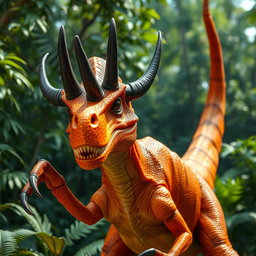 A striking orange Velociraptor with intense black horns protruding from its head, giving it a fierce and dominant appearance