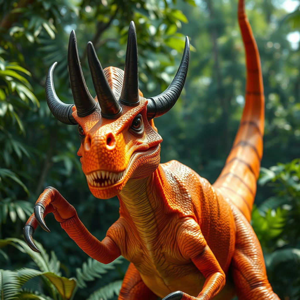 A striking orange Velociraptor with intense black horns protruding from its head, giving it a fierce and dominant appearance