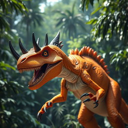 A striking orange Velociraptor with intense black horns protruding from its head, giving it a fierce and dominant appearance