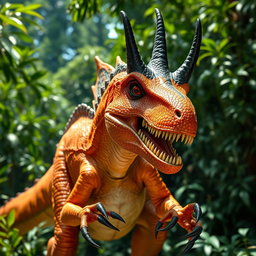 A striking orange Velociraptor with intense black horns protruding from its head, giving it a fierce and dominant appearance