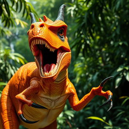 A striking orange Velociraptor with intense black horns protruding from its head, giving it a fierce and dominant appearance