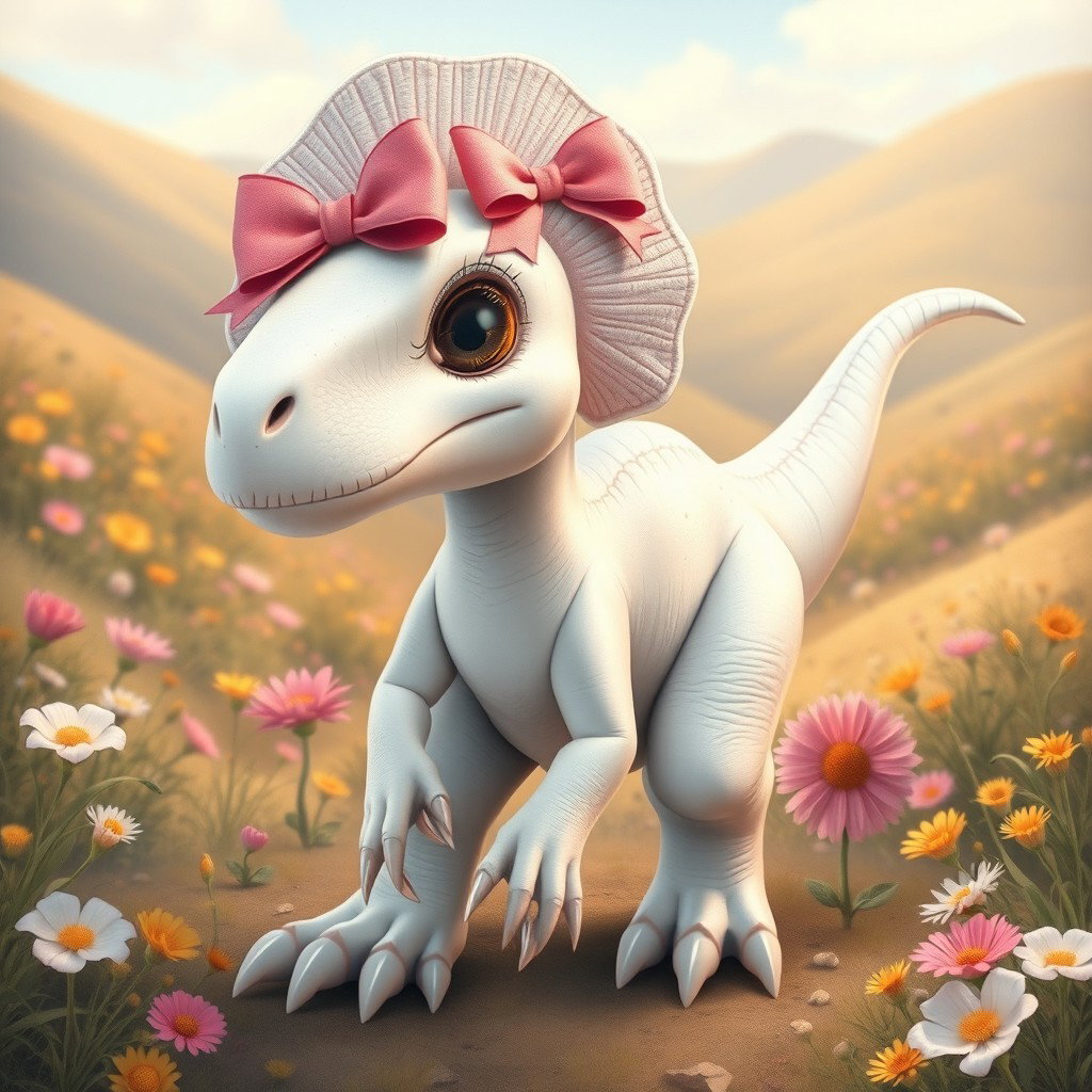 A realistic depiction of a girly white dinosaur, featuring delicate pink bows adorning its head and a long tail