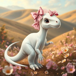 A realistic depiction of a girly white dinosaur, featuring delicate pink bows adorning its head and a long tail