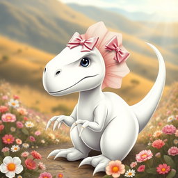 A realistic depiction of a girly white dinosaur, featuring delicate pink bows adorning its head and a long tail