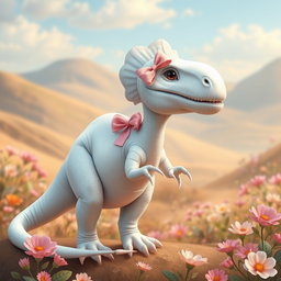 A realistic depiction of a girly white dinosaur, featuring delicate pink bows adorning its head and a long tail