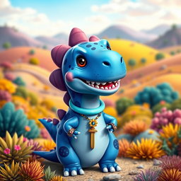 An adult male dinosaur depicted as a cute blue creature with a light blue ring around its neck