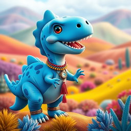 An adult male dinosaur depicted as a cute blue creature with a light blue ring around its neck