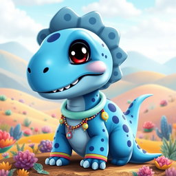 An adult male dinosaur depicted as a cute blue creature with a light blue ring around its neck