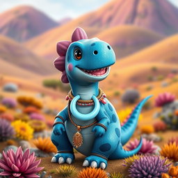 An adult male dinosaur depicted as a cute blue creature with a light blue ring around its neck