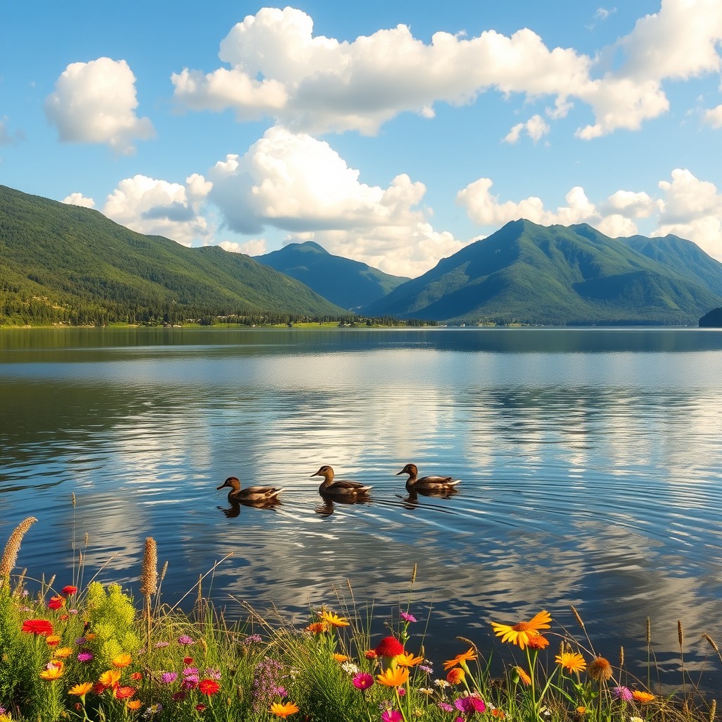 A serene landscape featuring a calm lake surrounded by lush green mountains, with fluffy white clouds floating in a clear blue sky