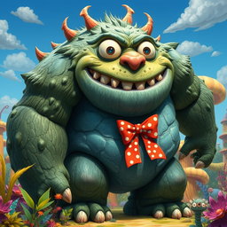 A large, imposing monster with a playful and quirky demeanor, adorned with a vibrant bow tie that contrasts with its rough, textured skin
