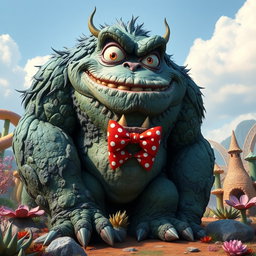 A large, imposing monster with a playful and quirky demeanor, adorned with a vibrant bow tie that contrasts with its rough, textured skin