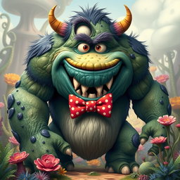 A large, imposing monster with a playful and quirky demeanor, adorned with a vibrant bow tie that contrasts with its rough, textured skin