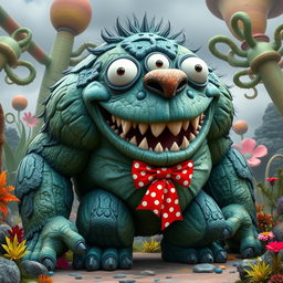 A large, imposing monster with a playful and quirky demeanor, adorned with a vibrant bow tie that contrasts with its rough, textured skin