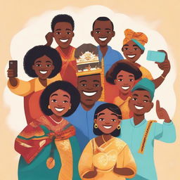 A fun depiction of people from all seven continents coming together and taking a group 'selfie'. Each individual represents their continent's traditional attire and culture, all smiling brightly into the camera.