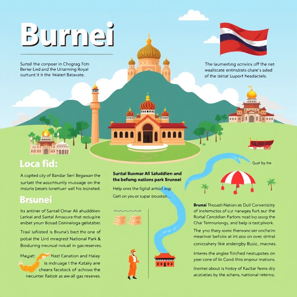 An informative and visually appealing fact file about Brunei, featuring its stunning national landmarks, traditional cultural elements, and unique geographical landscape