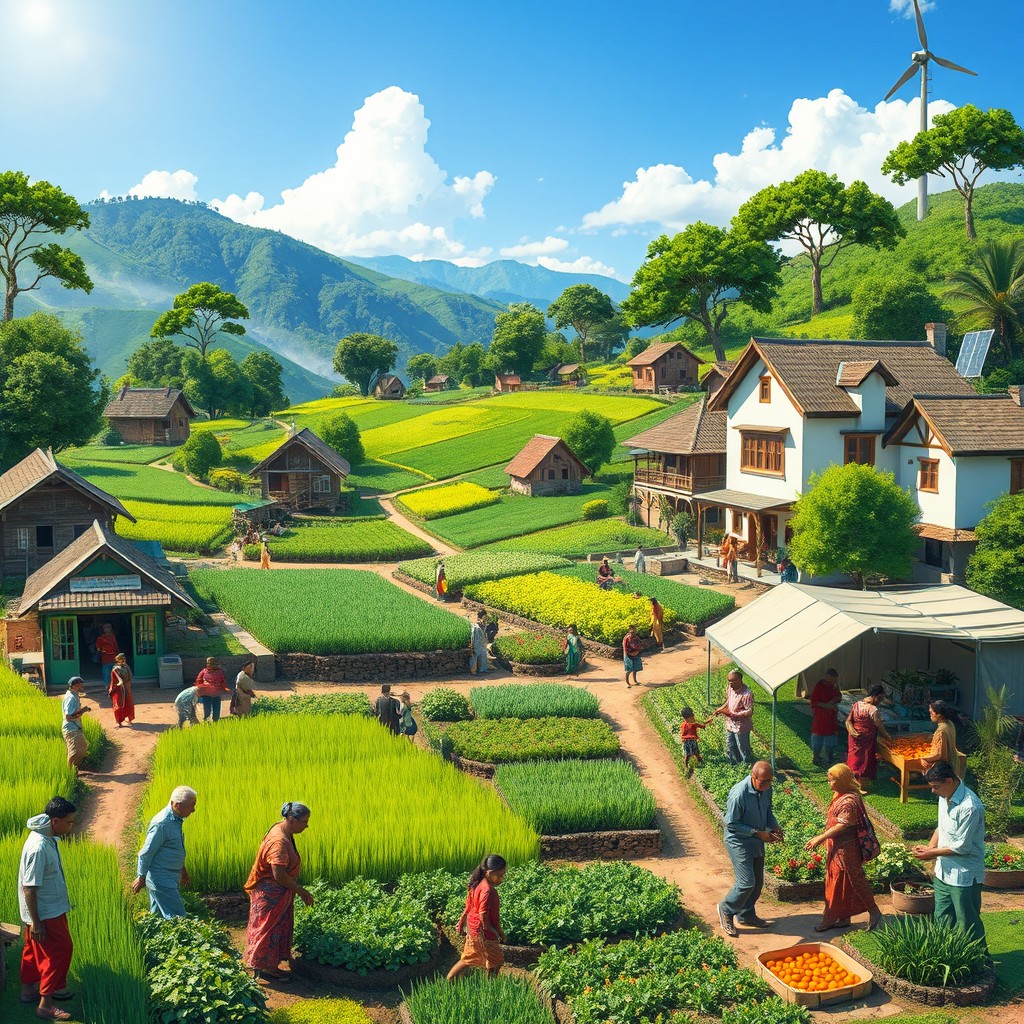 A vibrant village scene showcasing the concept of self-sufficient communities, with lush green fields, sustainable farming practices, and local markets
