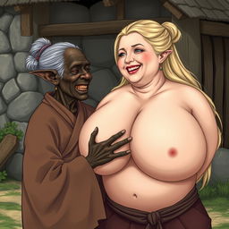 In a medieval village, there is an elderly black woman who is very short and malnourished, with rotten teeth and elf-like ears