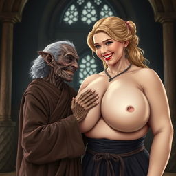 In a medieval castle, an elderly black woman who is very short and malnourished has rotten teeth and elf-like ears