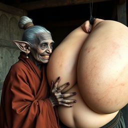 In a medieval village, an elderly black woman, short and emaciated with rotten teeth and elf-like ears, is dressed in a long, fully closed Buddhist robe, her gray hair styled in a bun and adorned with medieval earrings