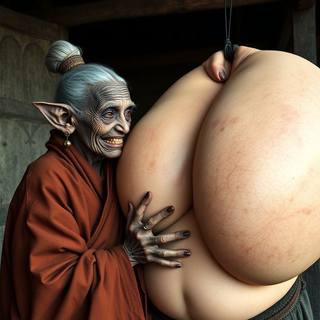 In a medieval village, an elderly black woman, short and emaciated with rotten teeth and elf-like ears, is dressed in a long, fully closed Buddhist robe, her gray hair styled in a bun and adorned with medieval earrings