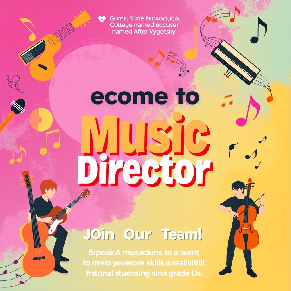 A vibrant and inviting promotional poster for a music education program at Gomel State Pedagogical College named after Vygotsky