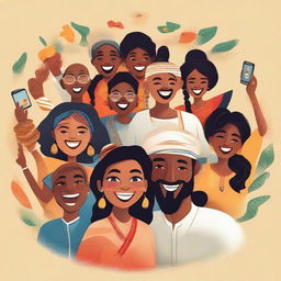 A fun depiction of people from all seven continents coming together and taking a group 'selfie'. Each individual represents their continent's traditional attire and culture, all smiling brightly into the camera.