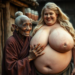 In a medieval village, an elderly black woman, short and emaciated, with crooked teeth and pointed ears, dressed in a long, fully closed Buddhist robe