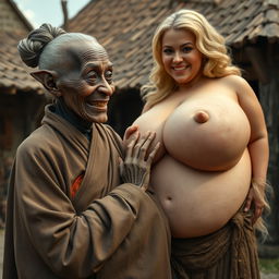 In a medieval village, an elderly black woman, short and emaciated, features crooked teeth and pointed ears, dressed in a long, fully closed Buddhist robe