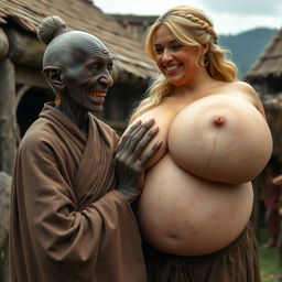 In a medieval village, an elderly black woman, short and emaciated, features crooked teeth and pointed ears, dressed in a long, fully closed Buddhist robe