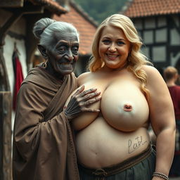 In a medieval village, an elderly black woman of short stature and frail appearance, with rotten teeth, pointy ears, wearing a long, fully closed Buddhist cloak, gray hair styled in an elegant bun, adorned with medieval earrings