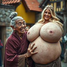 In a medieval village, an elderly black woman of short stature and frail appearance, with rotten teeth, pointy ears, wearing a long, fully closed Buddhist cloak, gray hair styled in an elegant bun, adorned with medieval earrings