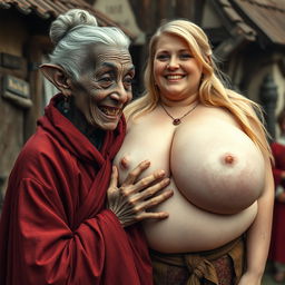 In a medieval village, an elderly black woman of short stature and frail appearance, with rotten teeth, pointy ears, wearing a long, fully closed Buddhist cloak, gray hair styled in an elegant bun, adorned with medieval earrings