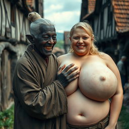 In a medieval village, an elderly black woman of short stature and frail appearance, with rotten teeth and pointy ears, dressed in a long, fully closed Buddhist cloak