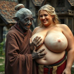 In a medieval village, an elderly black woman of short stature and frail appearance, with rotten teeth and pointy ears, dressed in a long, fully closed Buddhist cloak