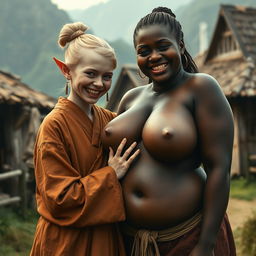 In a medieval village setting, a young, very short, undernourished blonde woman with rotten teeth and elf-like ears wears a long, fully-closed Buddhist robe, styled with her hair in a bun and medieval earrings